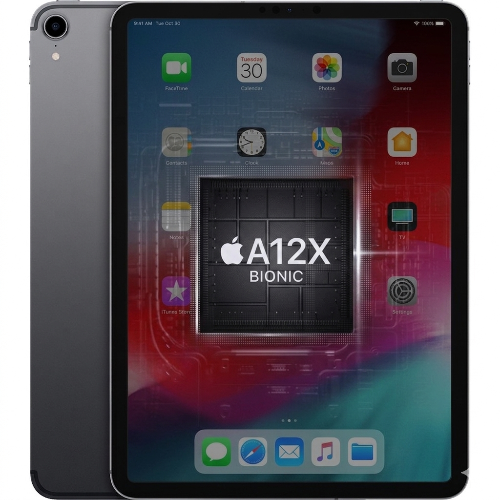 من موقع فون إسلام: منظر أمامي وخلفي لجهاز آيباد من Apple يعرض رسم شريحة A12X Bionic على شاشته، مع إبراز أيقونات التطبيقات والوقت وموقعها ضمن تصنيف رقائق آبل.