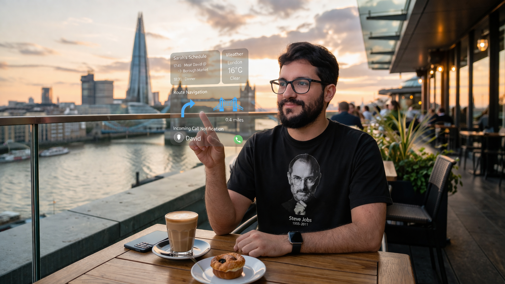 من موقع فون إسلام: رجل يرتدي تي شيرت ستيف جوبز يجلس على طاولة في الهواء الطلق مع القهوة والمعجنات، مستخدماً شاشات ثلاثية الأبعاد مستقبلية من خلال نظارات آبل الذكية آبل جلاس تطل على نهر المدينة عند غروب الشمس.