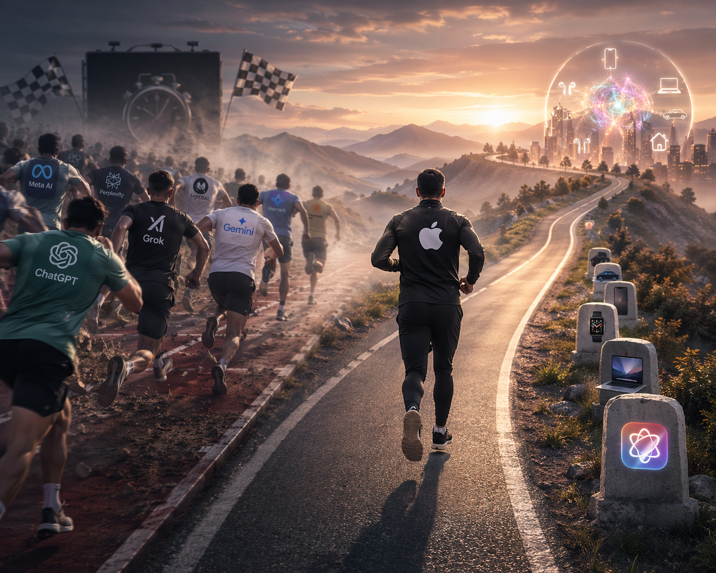 من موقع فون إسلام: عدة عدائين يحمل كل منهم شعار شركة ذكاء اصطناعي، يتسابقون في مسار منقسم نحو مدينة مستقبلية; ويتقدم أحد العدائين الذي يحمل شعار شركة Apple على طريق مرصوف يحمل رموزاً تكنولوجية، ملمحاً إلى مقابلة رؤساء آبل عن الذكاء الاصطناعي.