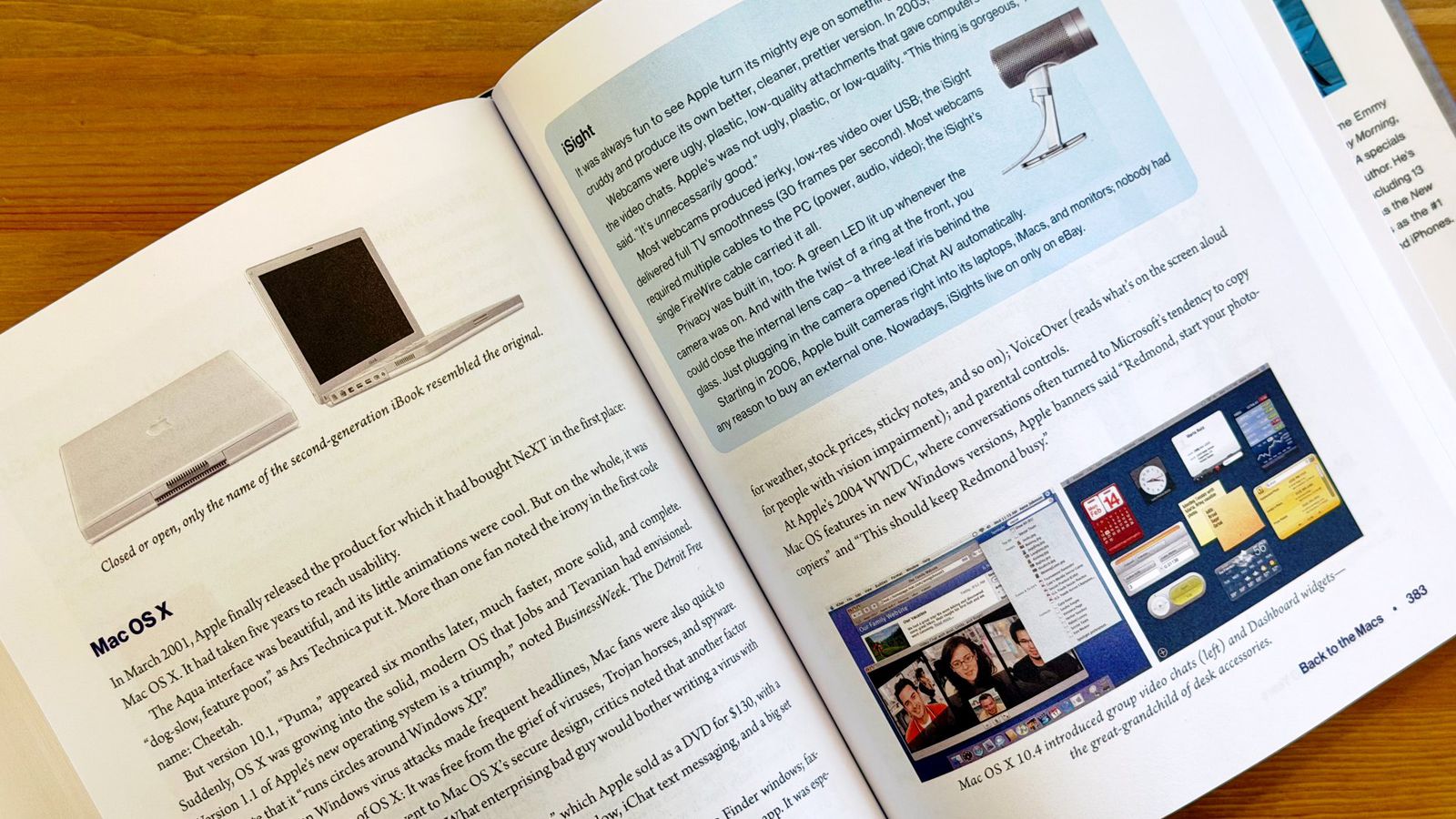 من موقع فون إسلام: كتاب مفتوح يعرض نصًا عن نظام التشغيل Mac OS X، مع صور لجهاز كمبيوتر محمول قديم، وكمبيوتر مكتبي، ولقطة شاشة عرض على طاولة خشبية - وهو مثالي لقراء الهامش الذين يواكبون أهم أخبار الأسبوع.