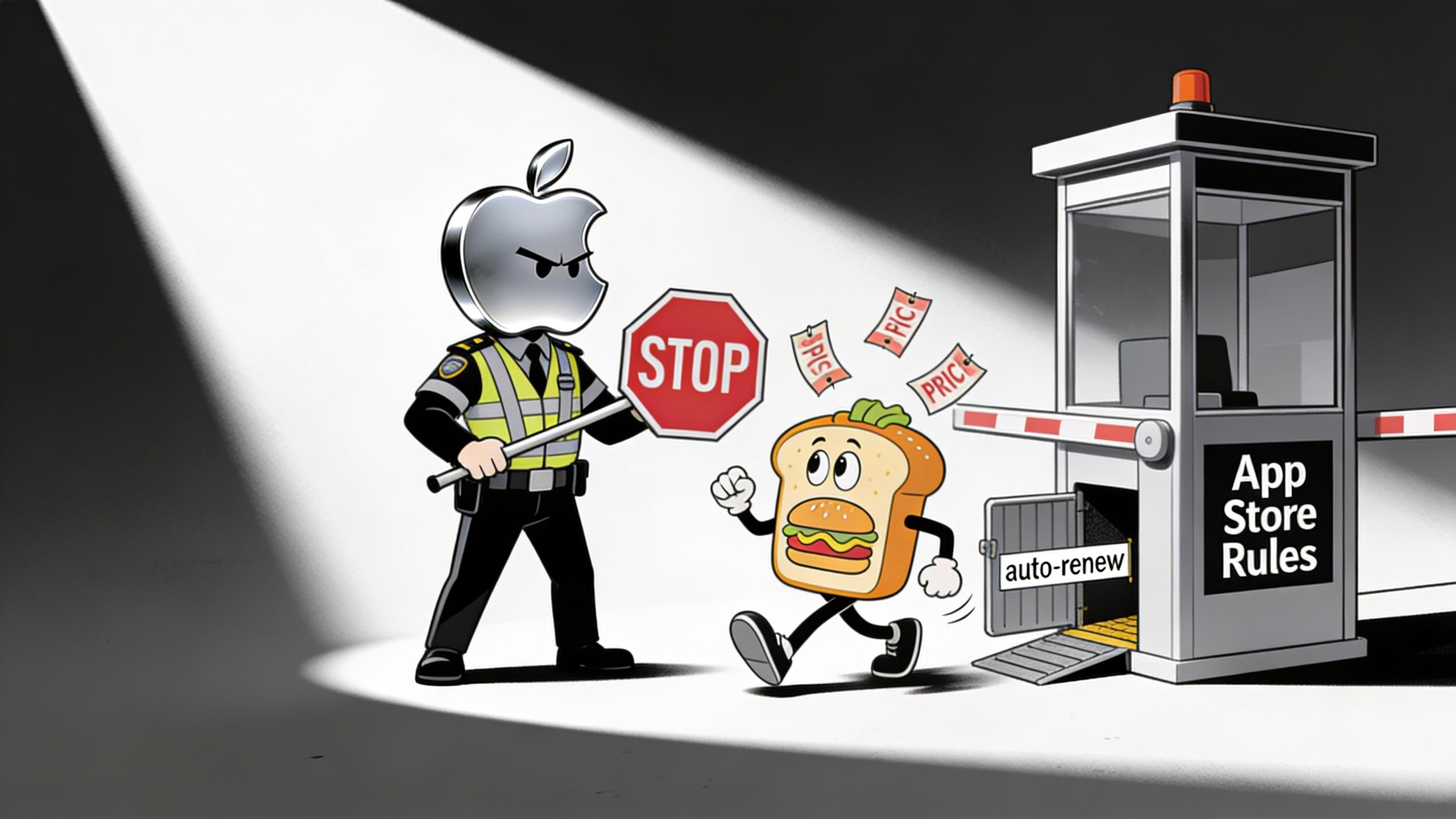 من موقع فون إسلام: يمنع حارس كرتوني برأس تفاحة حارس كرتوني برأس تفاحة شخصية شطيرة تحمل "التجديد التلقائي" من دخول بوابة مكتوب عليها "قواعد متجر التطبيقات" بعلامة توقف، في إشارة إلى تطبيق تطبيق كال كال AI.