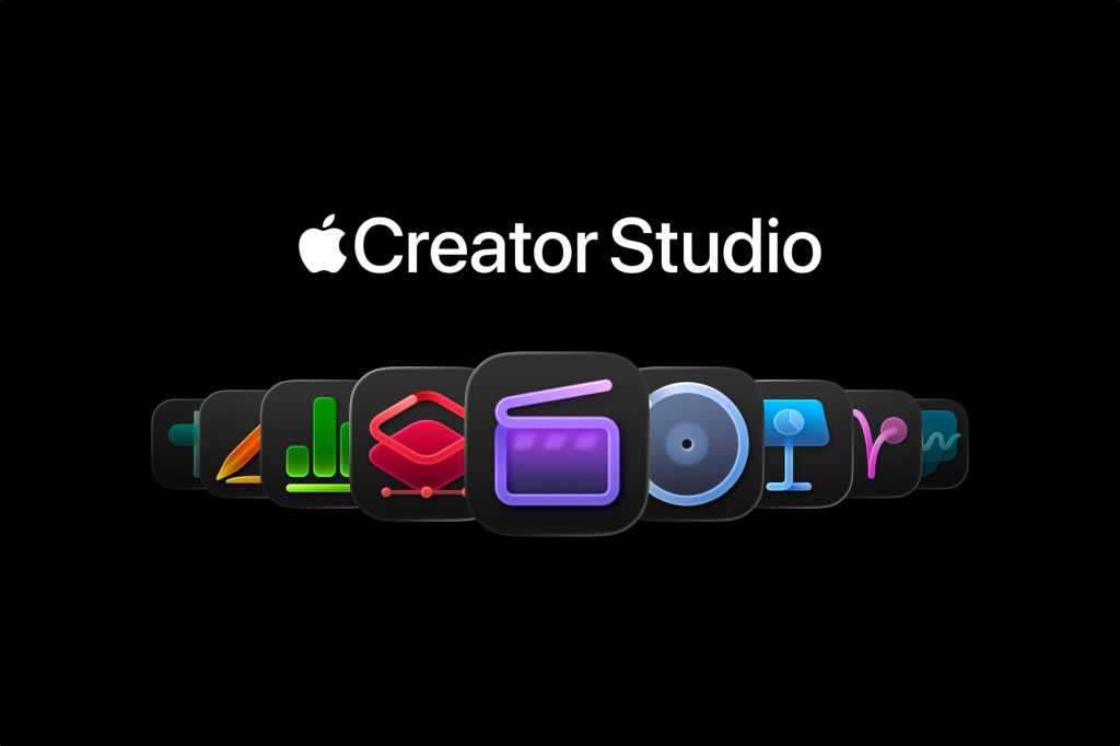 من موقع فون إسلام: شعار Apple Creator Studio بنص أبيض فوق صف من أيقونات التطبيقات الملونة على خلفية سوداء، يمثل كل رمز منها أدوات إبداعية مختلفة.