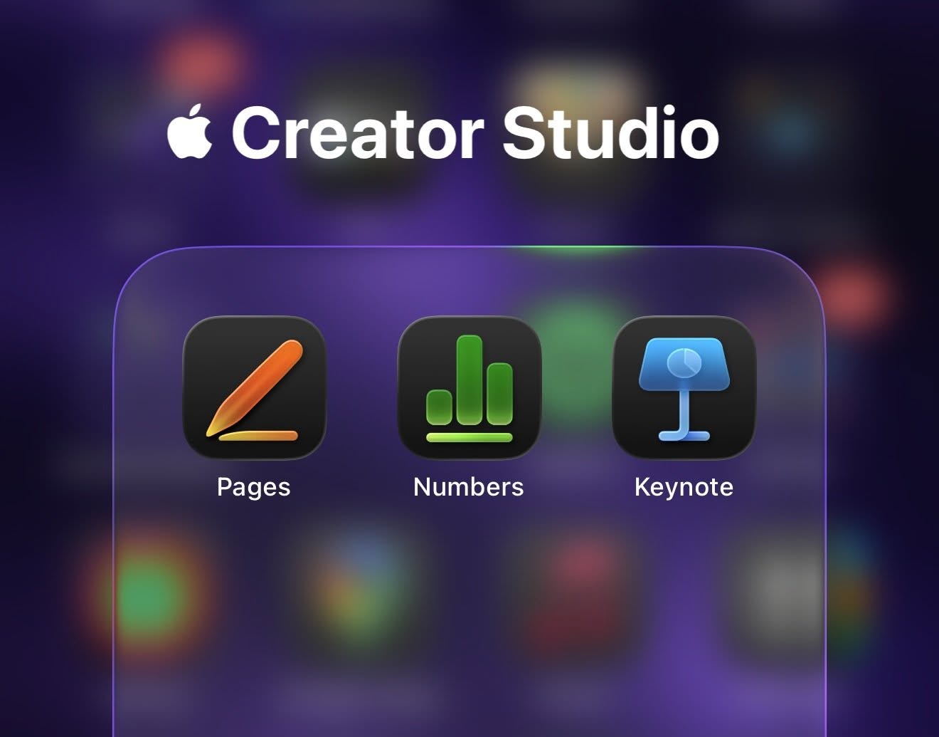 From Phonegram: A screenshot of an iOS folder named "Creator Studio" containing three app icons: Pages, Numbers, and Keynote—Apple's office apps for Mac—designed for productivity and seamless document creation.