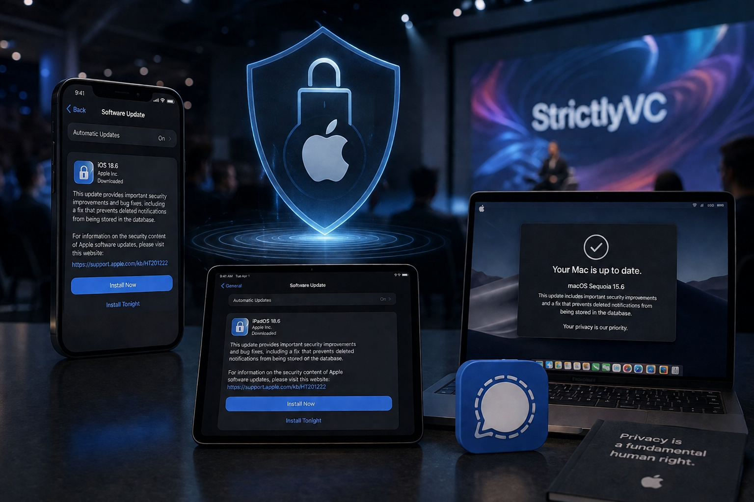 من موقع فون إسلام: تعرض أجهزة Apple إشعارات التحديثات الأمنية التي تظهر شعار Apple الأمني الرقمي في الخلفية في حدث تقني. كما يظهر تطبيق Signal وعلامات الخصوصية الخاصة بخاصية الآي فون-آي فون.