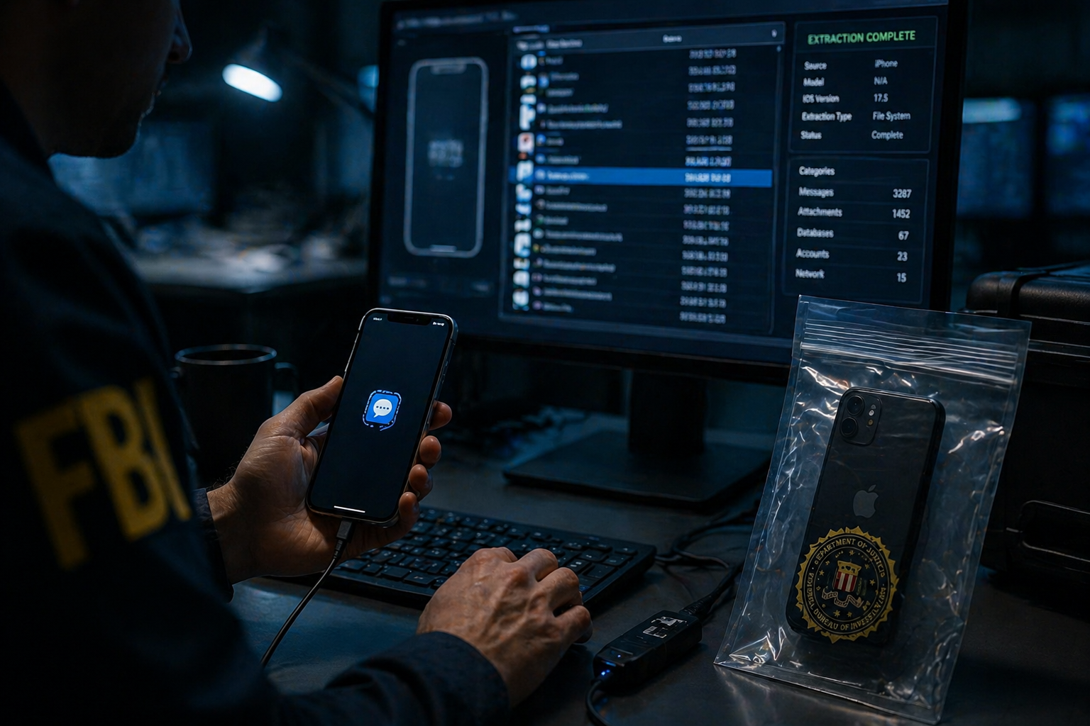 من موقع فون إسلام: يقوم أحد عملاء مكتب التحقيقات الفيدرالي بتوصيل هاتف ذكي بجهاز كمبيوتر يعرض نتائج استخراج البيانات، مع وجود هاتف آخر في حقيبة الأدلة بجانب الشاشة - مما يسلط الضوء على التحدي المتمثل في خصوصية الآي-فون أثناء التحقيقات.