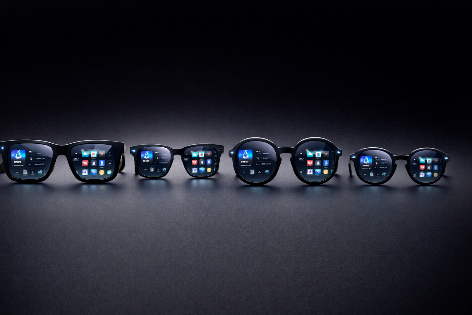 من موقع فون إسلام: تعرض خمسة أزواج من النظارات الذكية، بما في ذلك نظارات آبل الذكية واجهات تطبيقات رقمية مختلفة على عدساتها على خلفية متدرجة داكنة.