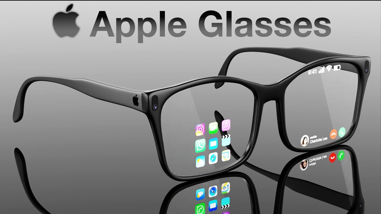 من موقع فون إسلام: زوج من نظارات نظارات آبل الذكية Apple Glass سوداء اللون، تعرض أيقونات التطبيقات والإشعارات على العدسات على خلفية رمادية.