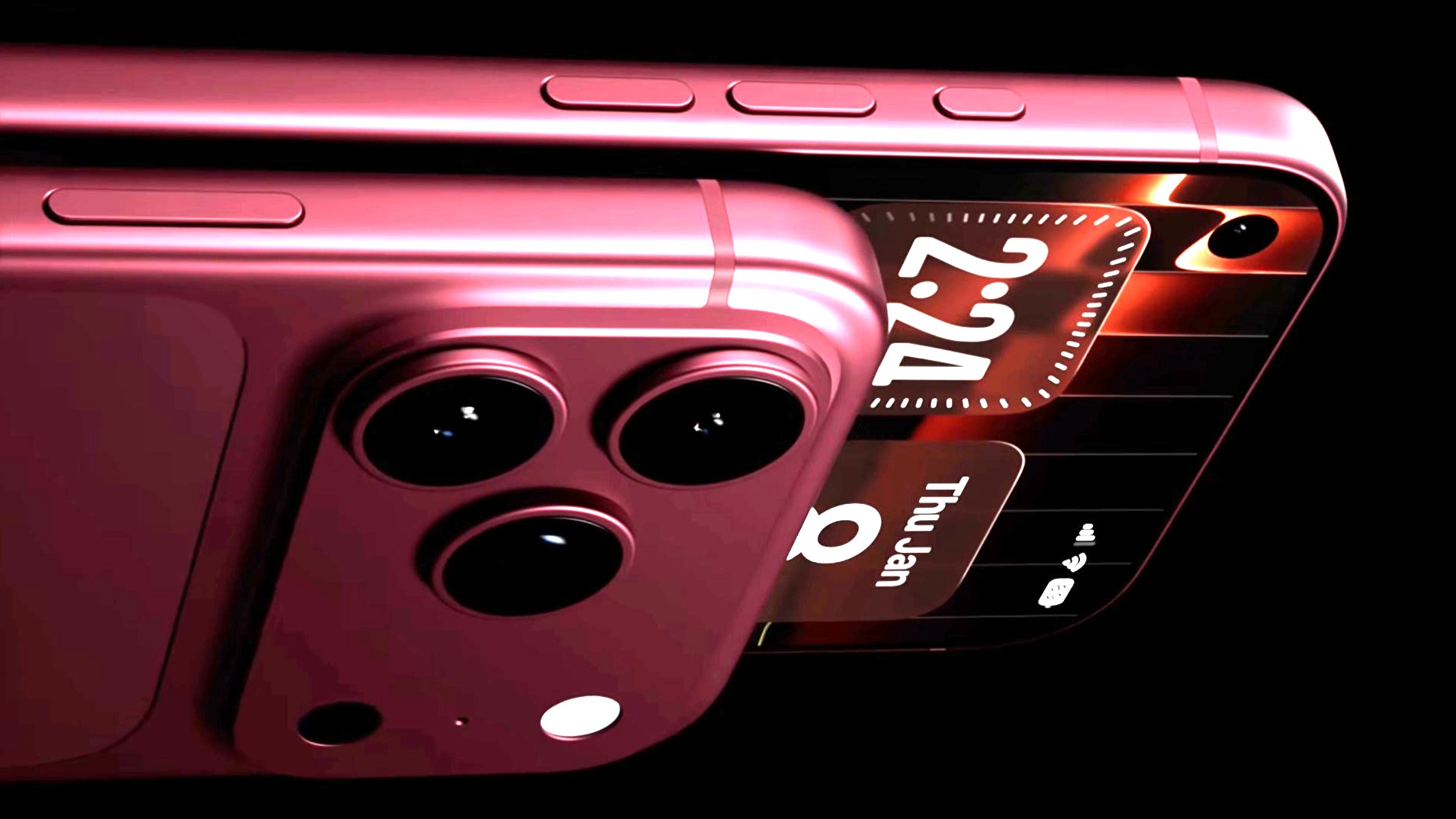 من موقع فون إسلام: لقطة مقرّبة لهاتف ذكي معدني وردي اللون، تبرز كاميراته الخلفية وشاشة ثانوية مع الوقت والتاريخ والأيقونات - تذكرنا بتصميم كاميرا آي فون المبتكر الذي يبلغ 18 برو.