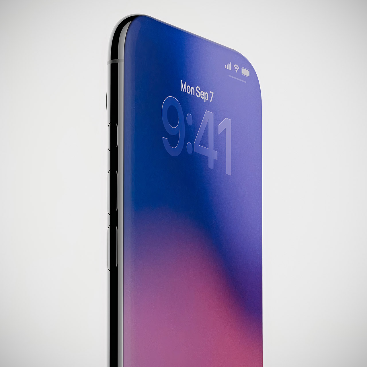 من موقع فون إسلام: منظر عن قرب لهاتف آي فون حديث يتميز بزجاج سائل، يظهر الوقت 9:41 والتاريخ الاثنين، 7 سبتمبر على شاشة القفل، مع ظهور الأزرار الجانبية.