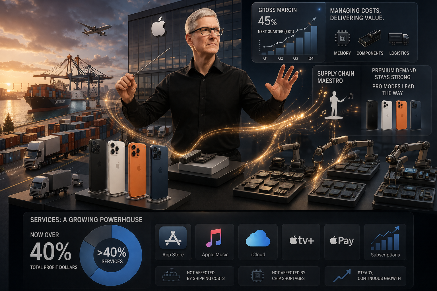 من موقع فون إسلام: شخص يدير بعصا أمام خلفية تضم أجهزة آيفون وأيقونات الخدمات التقنية وحاويات الشحن والرسوم البيانية عن نمو الأرباح وسلسلة التوريد وخدمات الاشتراك وتوسيع سوق الآيكون.