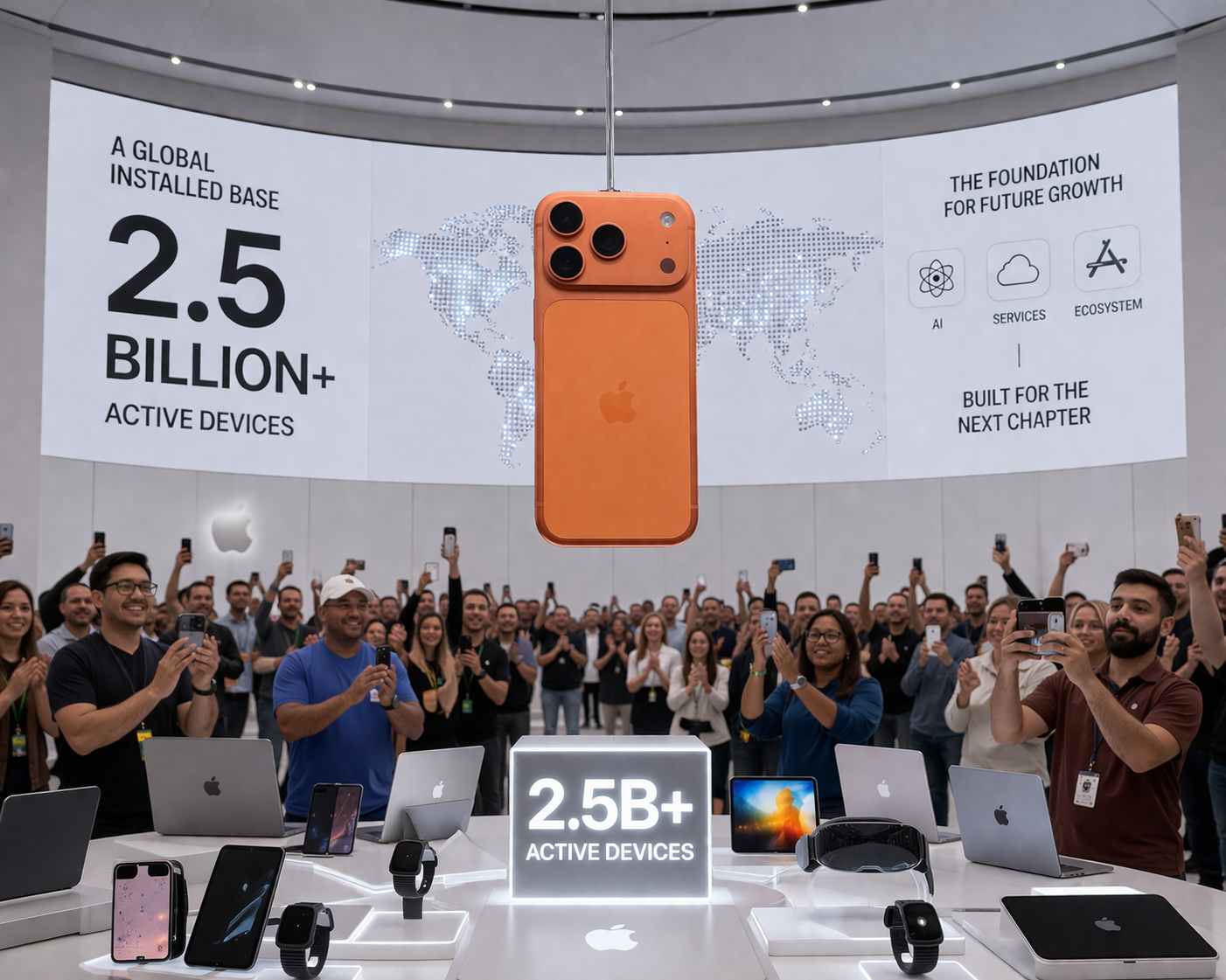 من موقع فون إسلام: يلتقط الحشد صوراً لجهاز آيفون برتقالي اللون معروض في إحدى الفعاليات، مع شاشات تعرض "أكثر من 2.5 مليار جهاز نشط" ومعلومات أخرى عن المنتج في الخلفية.