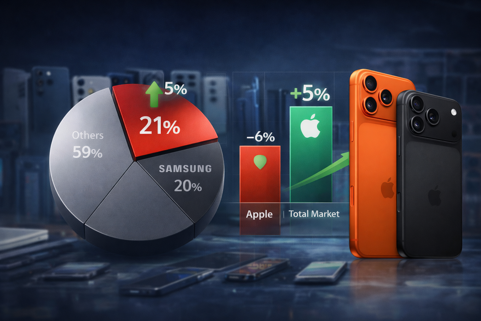 من موقع فون إسلام: يُظهر الرسم البياني الدائري أن حصة Apple في السوق تبلغ 21%، وحصة Samsung 20%، وحصة الآخرين 59%. ارتفعت حصة Apple بنسبة 5%، بينما انخفضت حصة Samsung بنسبة 6%. يظهر هاتفان ذكيان برتقاليان على اليمين، مما يسلط الضوء على اتجاهات شحنات آي-فون العالمية 2026.