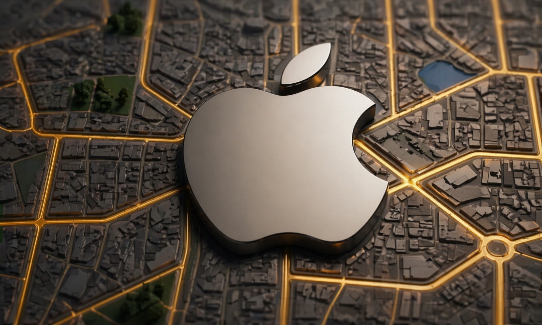 من موقع فون إسلام: تم وضع شعار Apple المعدني فوق خريطة مفصلة للمدينة مع شوارع مضيئة، مما يعكس الابتكار وراء خرائط آبل تحت خرائط تيم كوك.