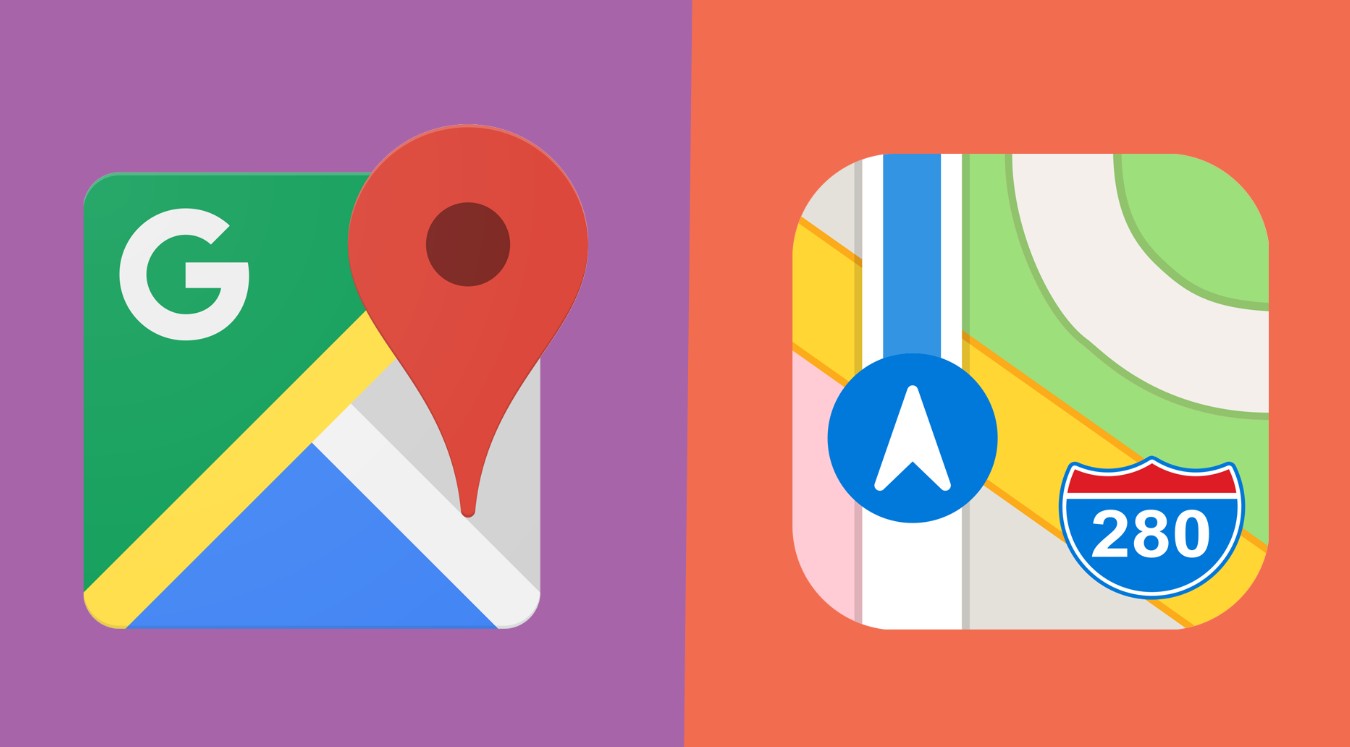 من موقع فون إسلام: أيقونات خرائط جوجل جنباً إلى جنب على خلفية أرجوانية وخرائط خرائط آبل بقيادة تيم كوك على خلفية برتقالية.