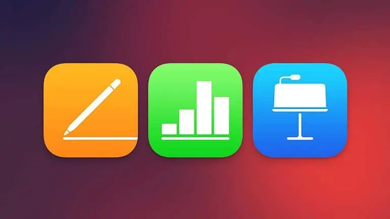 From Phonegram: Three colorful app icons—yellow with a pencil, green with a bar chart, and blue with a presentation screen—representing Apple's office apps for Mac on a vibrant gradient background.