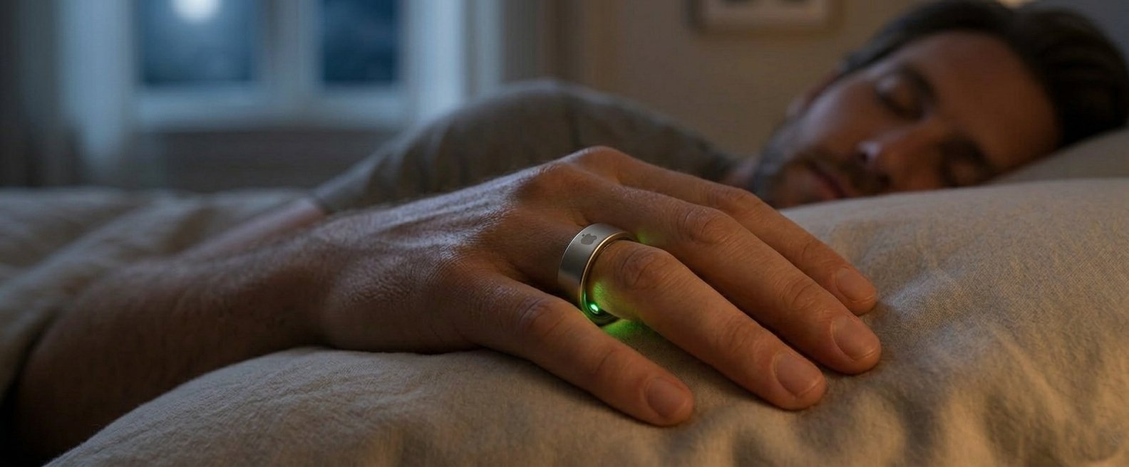 من موقع فون إسلام: ينام الشخص على وسادة بينما يرتدي خاتم آبل الذكي مع ضوء أخضر صغير يتوهج على إصبعه.