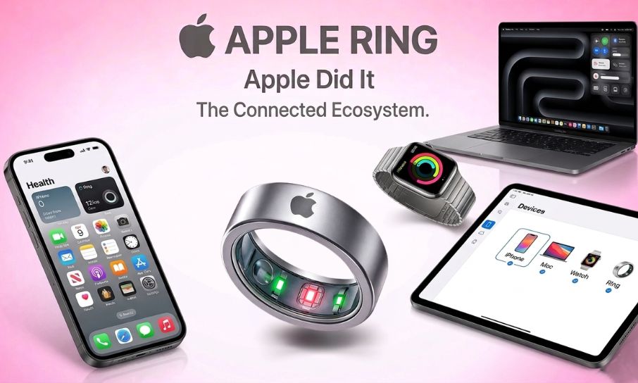 من موقع فون إسلام: صورة ترويجية تُظهر خاتم آبل الذكي محاطًا بجهاز iPhone وApple Watch وiPad وMacBook، وتسلط الضوء على نظام Apple البيئي المتصل على خلفية وردية اللون.