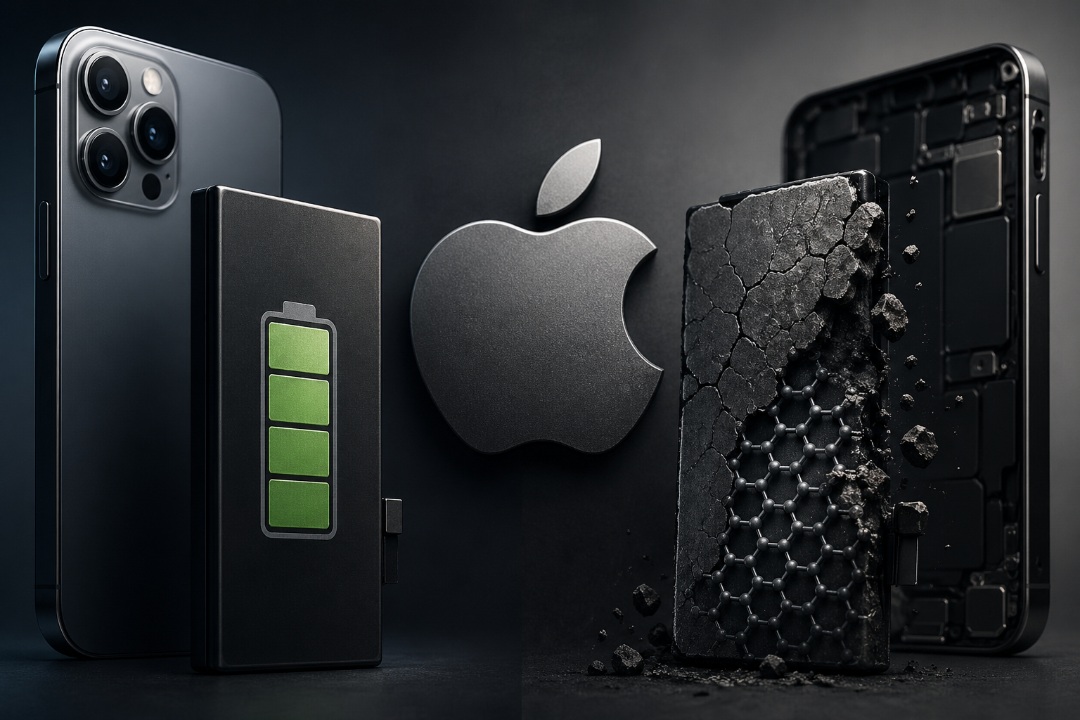من موقع فون إسلام: يتم عرض هاتف آيفون حديث وأيقونة بطارية وبطارية هاتف متصدع وشعار Apple على خلفية داكنة، مما يسلط الضوء على الحاجة إلى حلول متقدمة مثل بطاريات السيليكون كربون.