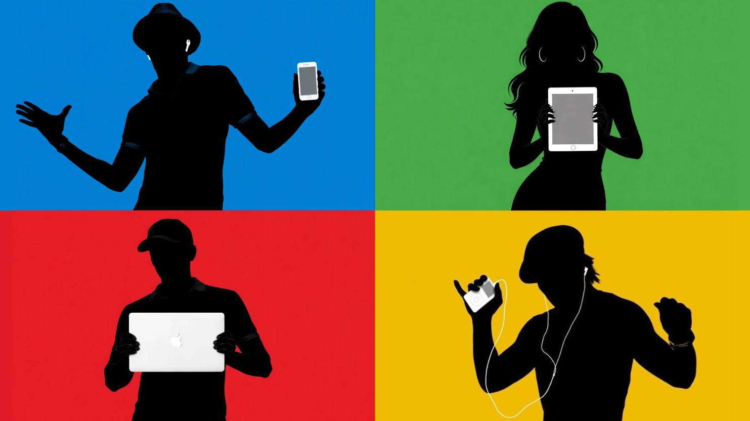 من موقع فون إسلام: صور ظلية لأربعة أشخاص يحمل كل منهم جهازًا إلكترونيًا مختلفًا، بما في ذلك منتج آبل على أربع خلفيات ملونة زاهية: الأزرق والأخضر والأحمر والأصفر.