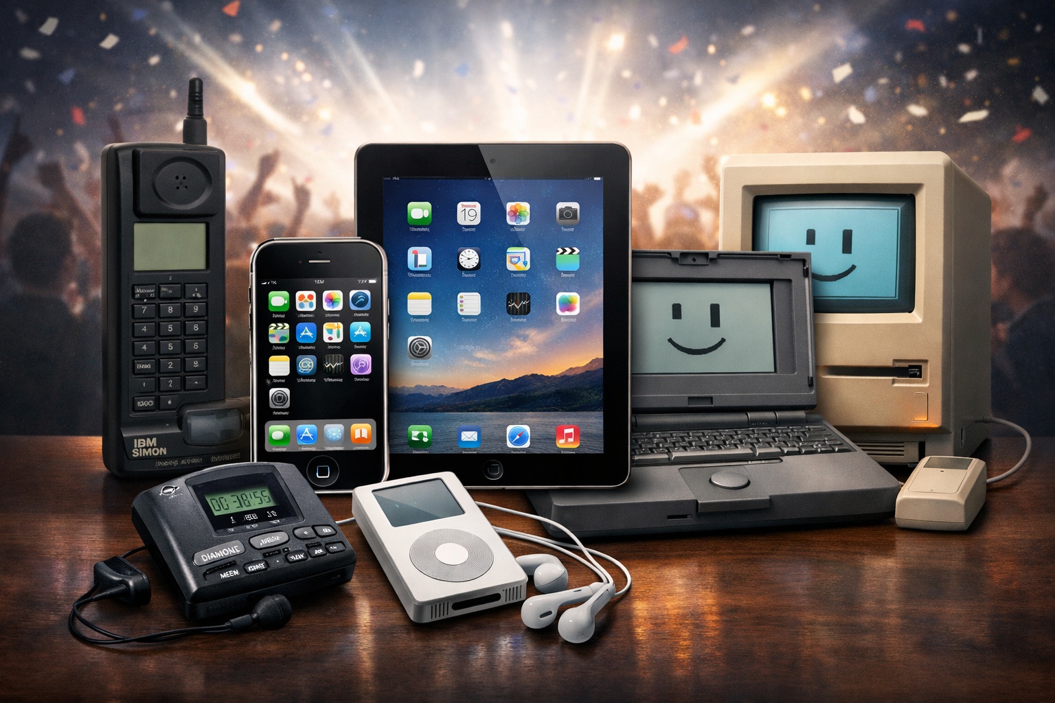 من موقع فون إسلام: مجموعة من الأجهزة الإلكترونية القديمة والحديثة، بما في ذلك جهاز آيباد وجهاز نداء وهواتف محمولة وجهاز آيبود وجهاز كمبيوتر محمول وجهاز كمبيوتر مكتبي قديم على طاولة.