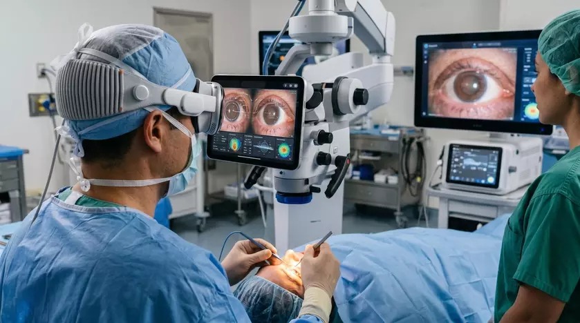 من موقع فون إسلام: يقوم جراح بإجراء جراحة للعيون باستخدام تقنية التصوير المتقدمة، بينما يراقب أحد الأطباء المتخصصين في غرفة العمليات، ويعرض أحدث التطورات التي تم تسليط الضوء عليها في أخبار التقنية.