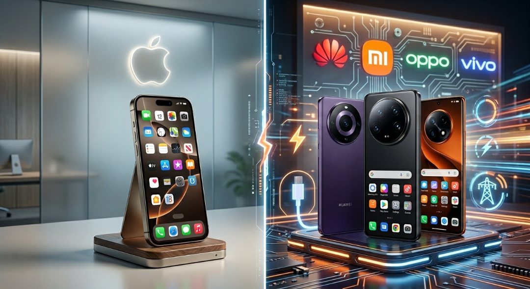 من موقع فون إسلام: يظهر على اليسار هاتف ذكي على حامل في مكتب آبل؛ وعلى اليمين ثلاثة هواتف ذكية من الأندرويد على حامل في مكتب آبل مع شعارات هواوي وشاومي وأوبو وفيفو مع رسومات رقمية.
