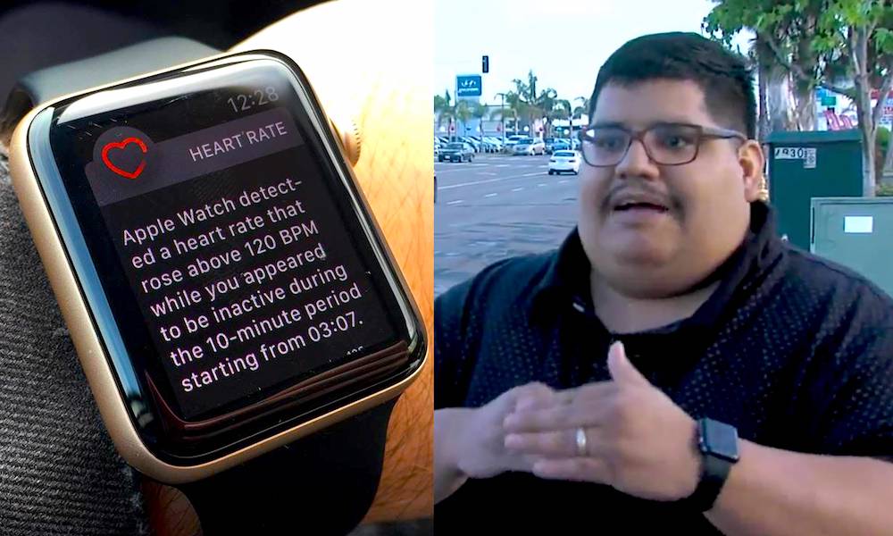 من موقع فون إسلام: صورة مقسمة تظهر تنبيهًا من ساعة Apple Watch حول ارتفاع معدل ضربات القلب على اليسار، ورجل يومئ أثناء التحدث في الهواء الطلق على اليمين - مع تسليط الضوء على تيم كوك وأخطاء آبل في سيناريوهات الحياة الواقعية.