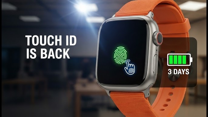 من موقع فون إسلام: تعرض ساعة آبل الترابل 4 ذات النطاق البرتقالي أيقونة بصمة الإصبع ومؤشر بطارية لمدة 3 أيام. نص على الشاشة يقول "عادت خاصية TOUCH ID".