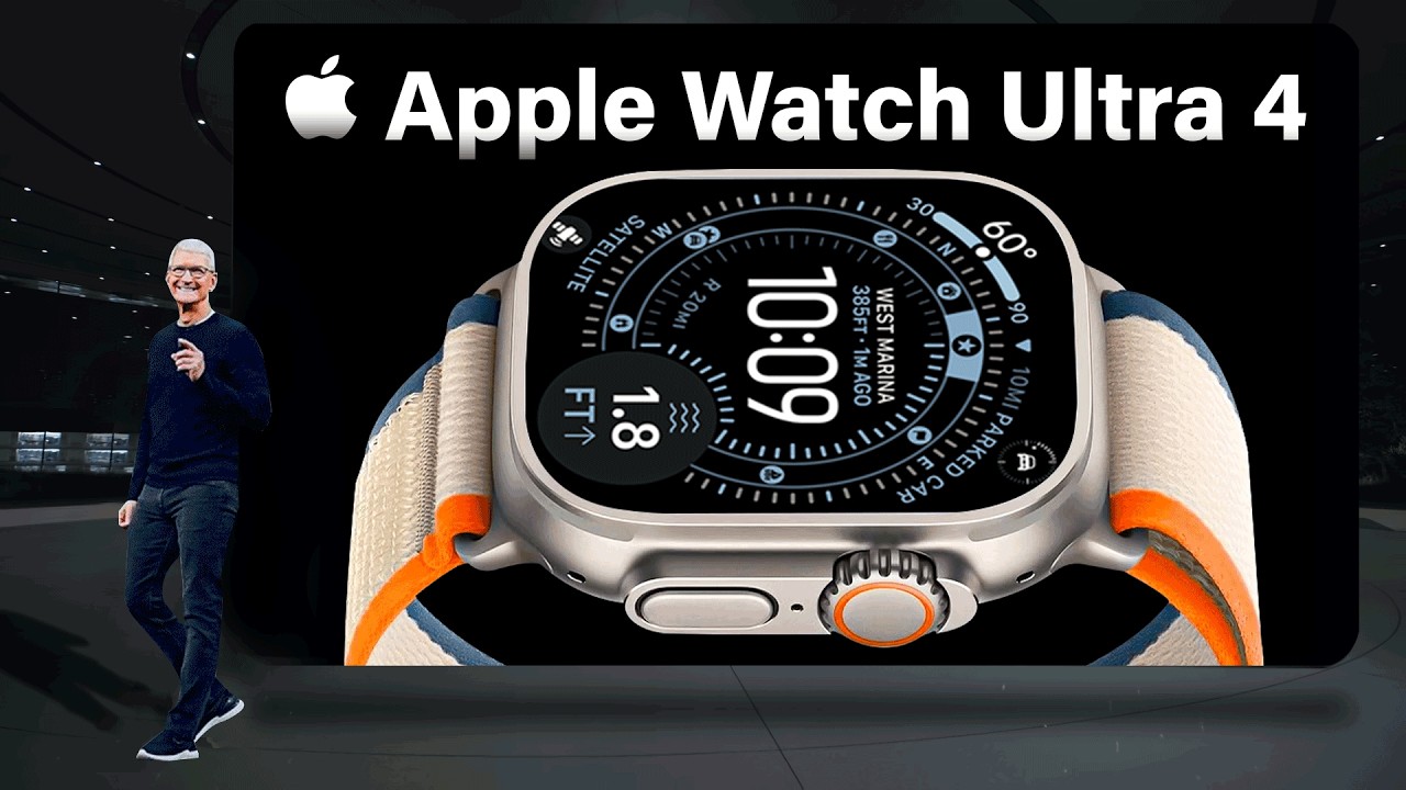من موقع فون إسلام: شخص يقف بالقرب من شاشة عرض كبيرة تظهر صورة مقربة لساعة آبل الترا 4، مع ظهور شاشتها وحزامها. النص مكتوب عليه "Apple Watch Ultra 4.