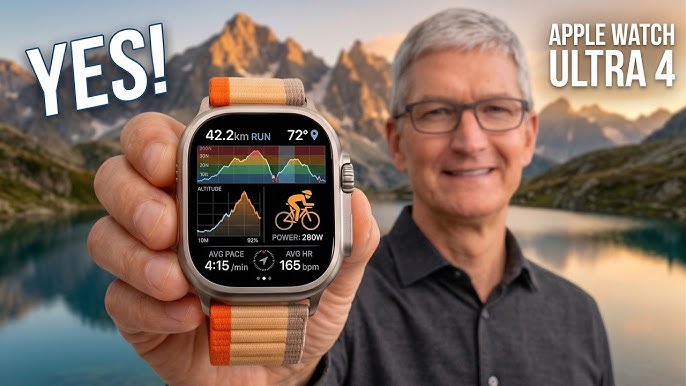 من موقع فون إسلام: شخص يحمل ساعة آبل الترا الترا 4 التي تعرض إحصائيات اللياقة البدنية، مع وجود جبال وبحيرة في الخلفية. ويظهر في الصورة النص "نعم!" و"Apple Watch Ultra 4".