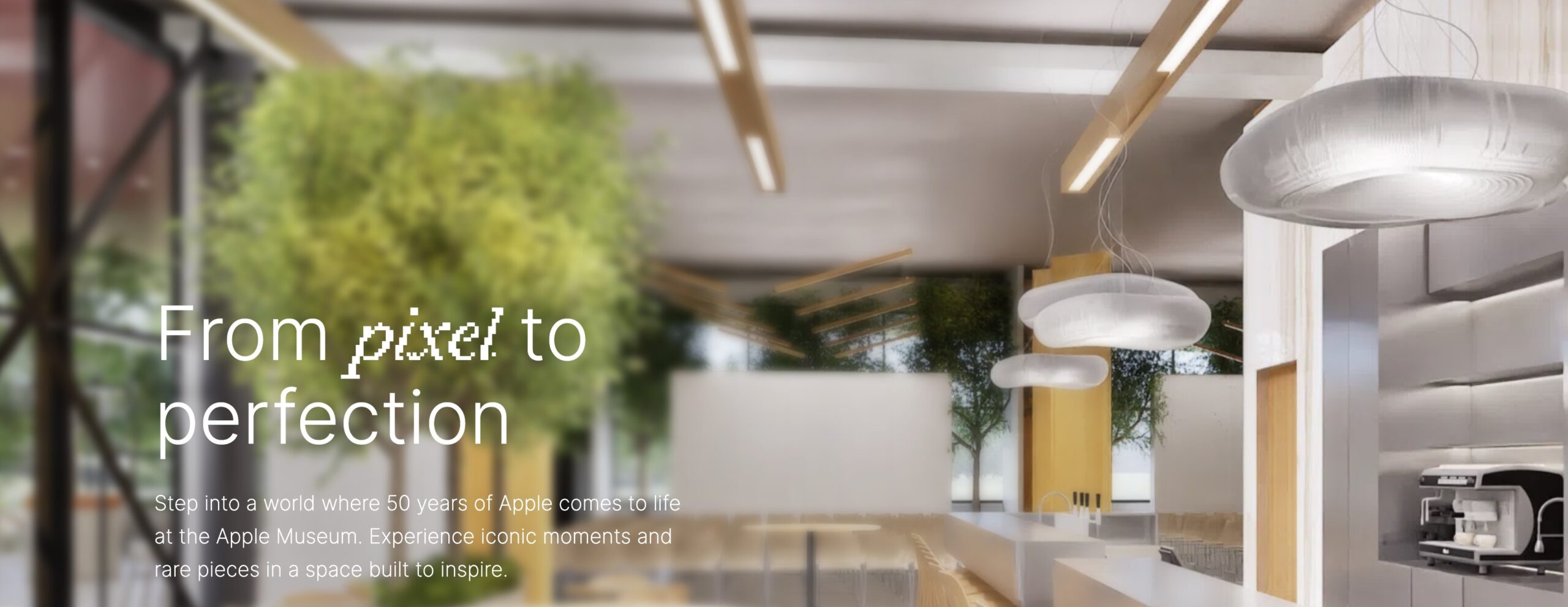 من موقع فون إسلام: تصميم داخلي عصري وبسيط لمساحة المتحف مع أضواء معلقة ومساحات خضراء ولمسات خشبية ونصوص تروج لمعرض متحف آبل في هولندا.