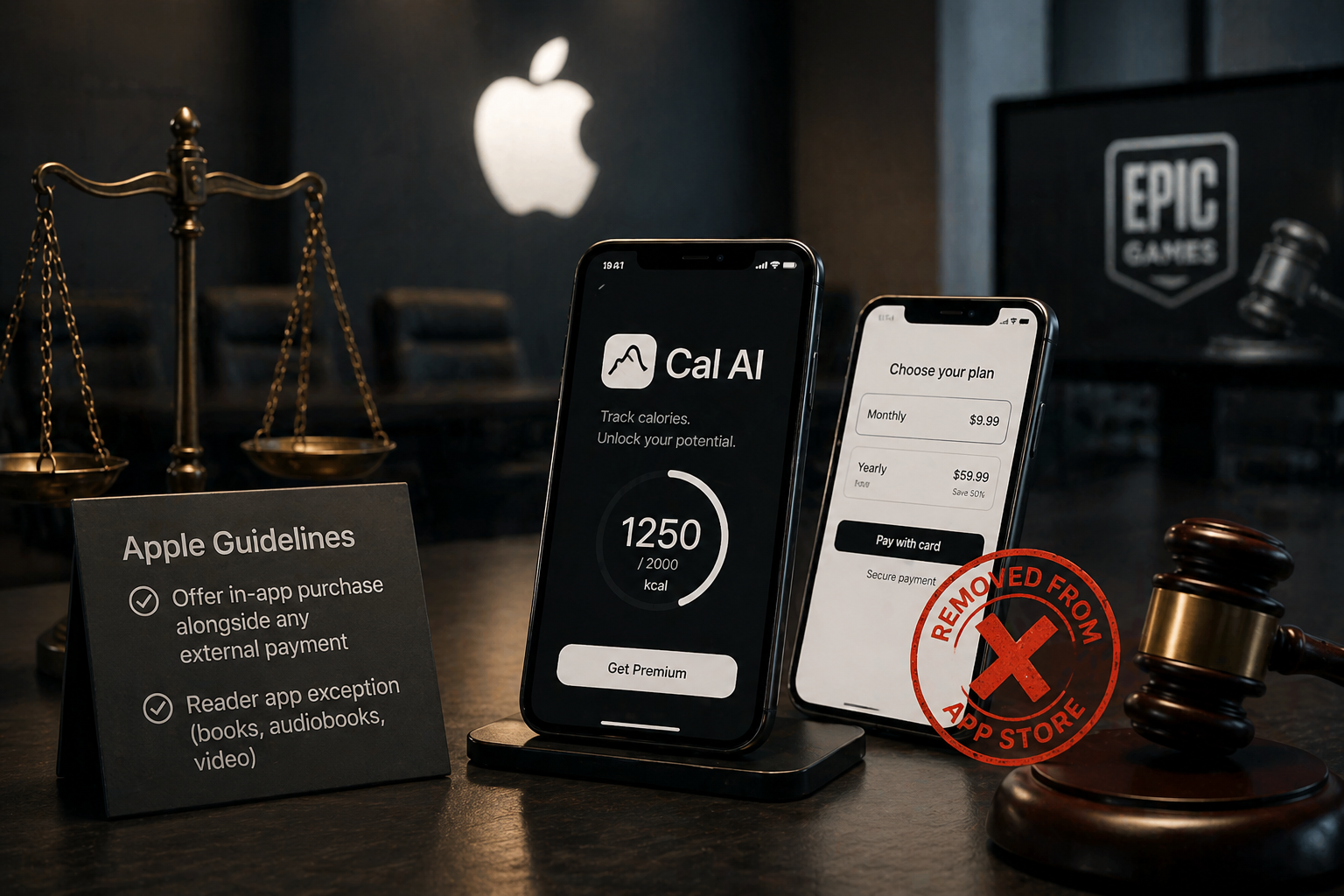 من موقع فون إسلام: يعرض هاتفان ذكيان تطبيقًا لتتبع السعرات الحرارية وخطط التسعير الخاصة به، مع وجود لافتات تشير إلى إرشادات شركة Apple، مع ذكر تطبيق "تطبيق كال إيه آي" وشعار "Epic Games" في قاعة المحكمة.