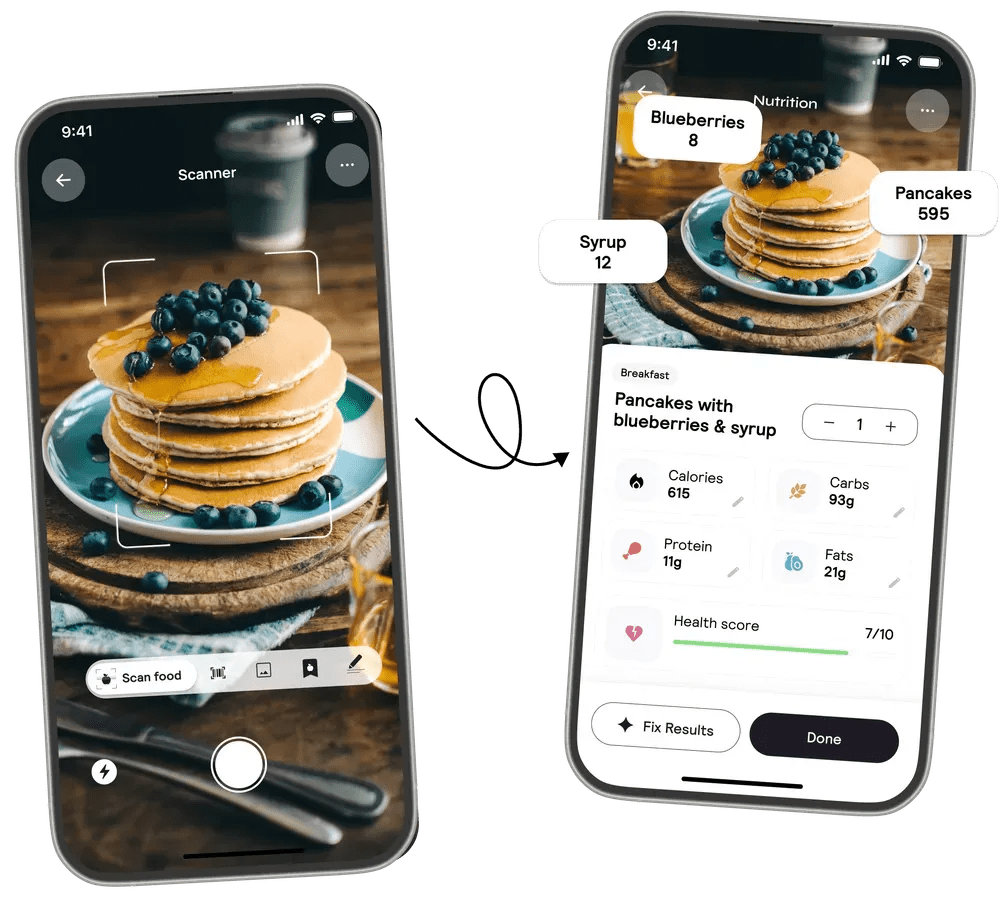 من موقع فون إسلام: يعرض هاتفان ذكيان تطبيقًا يقوم بمسح الفطائر المحلاة بالتوت الأزرق والشراب، ثم يعرض المعلومات الغذائية - بما في ذلك السعرات الحرارية والكربوهيدرات والدهون - قبل أن يواجه تطبيق تطبيق حظر تطبيق السعرات الحرارية.