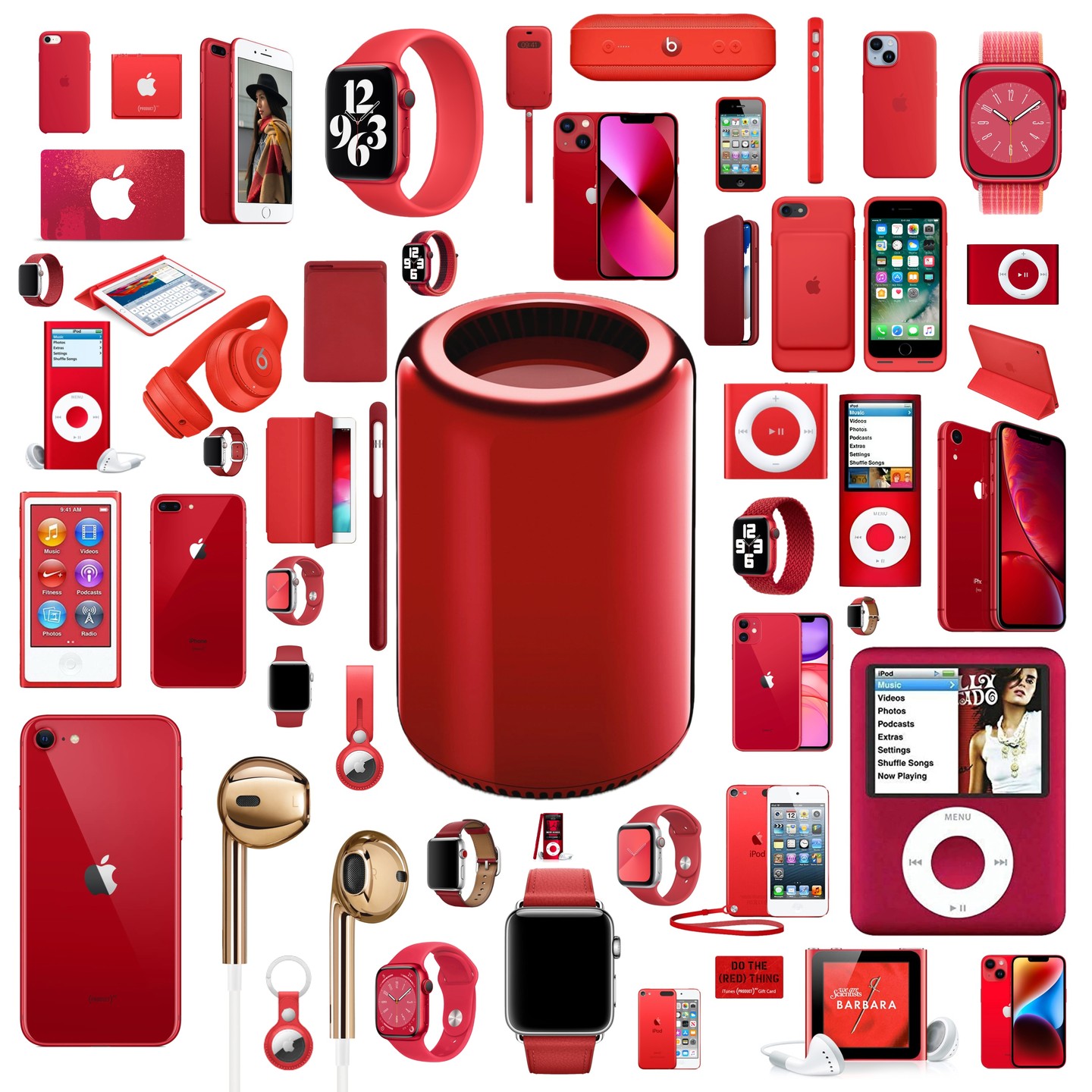 من موقع فون إسلام: مجموعة من منتجات آبل المختلفة باللون الأحمر، بما في ذلك آي برو وأجهزة آي بود وأجهزة آي بود وأجهزة آي باد وماك برو وساعات آبل وسماعات آبل وأجهزة AirPod وملحقاتها، وكلها مرتبة على خلفية بيضاء.