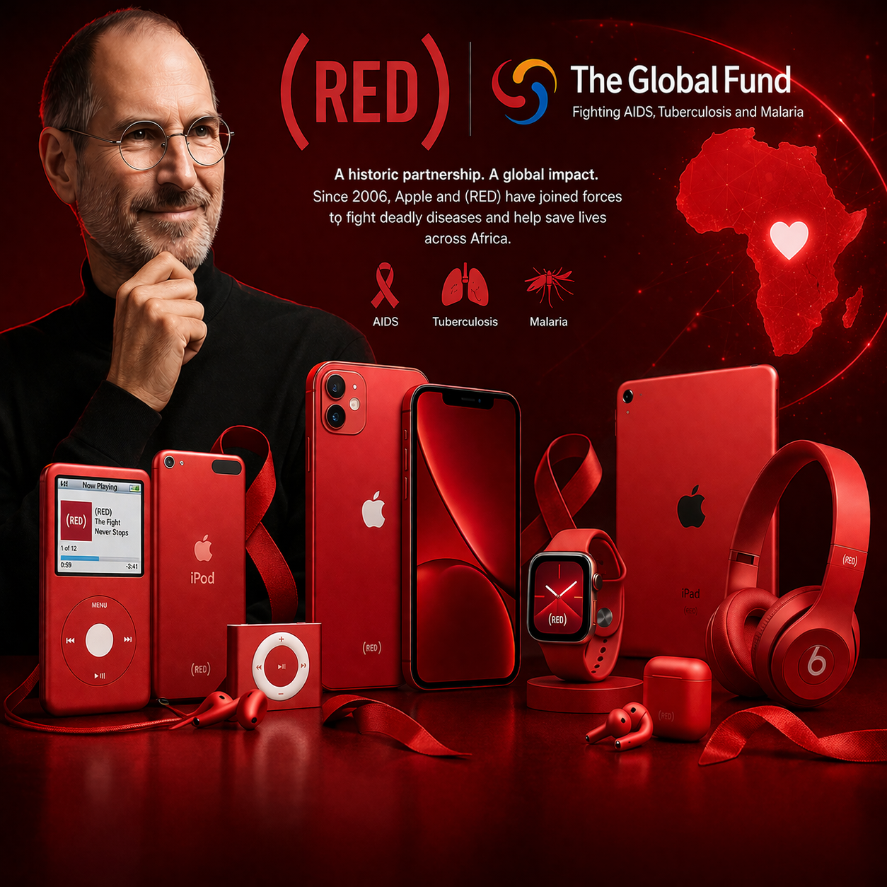 من موقع فون إسلام: عرض لأجهزة أبل الحمراء، بما في ذلك جهاز آي برو 18 برو مع علامة (RED)، للترويج للشراكة مع الصندوق العالمي لمكافحة الإيدز والسل والملاريا في أفريقيا.