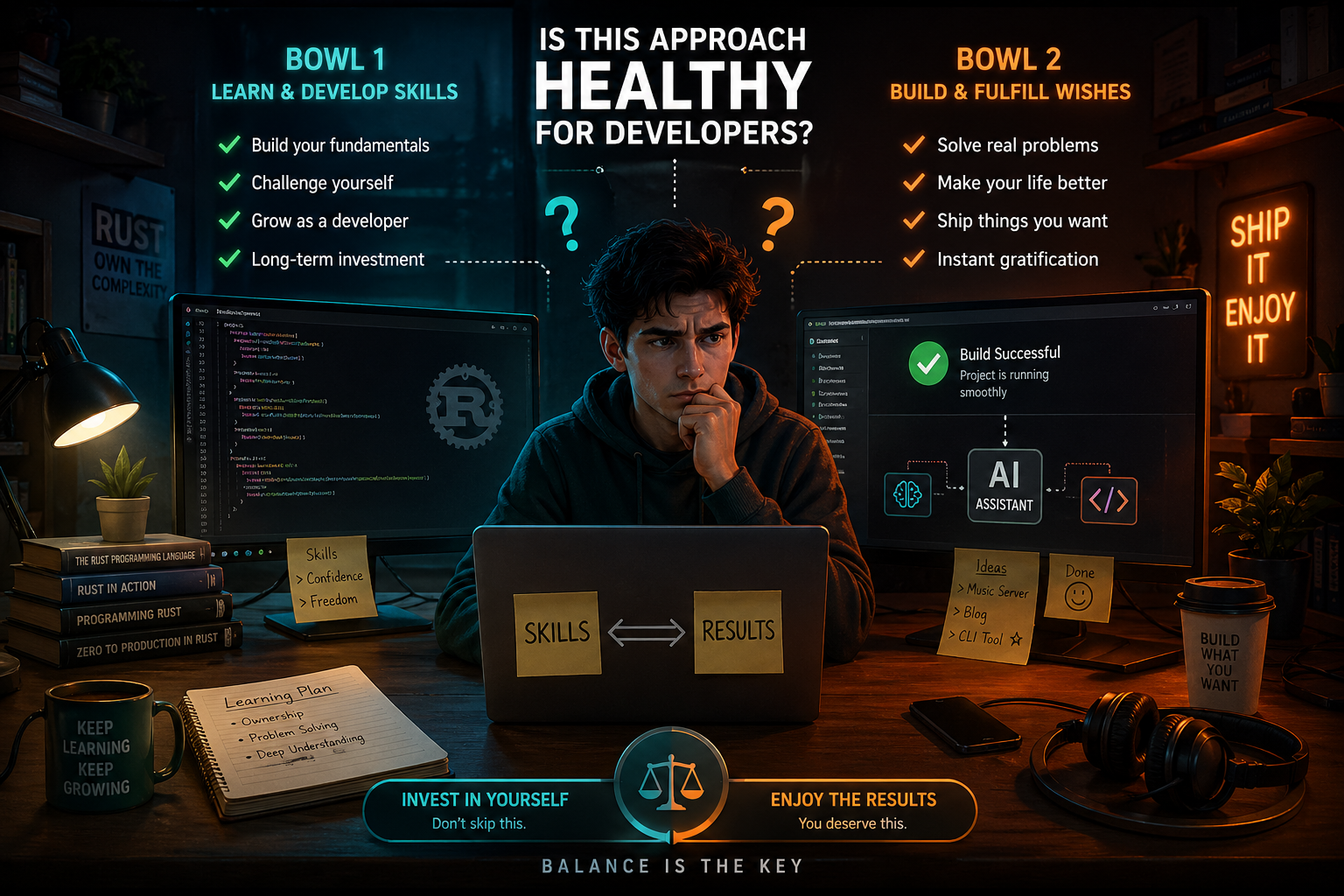 من موقع فون إسلام: يجلس أحد المطورين على مكتب به قسمان مصنفان: "تعلم وتنمية المهارات" و"بناء وتحقيق الرغبات"، مما يسلط الضوء على أهمية الموازنة بين تنمية المهارات - خاصة في البرمجة بالذكاء الاصطناعي - وتحقيق النتائج.