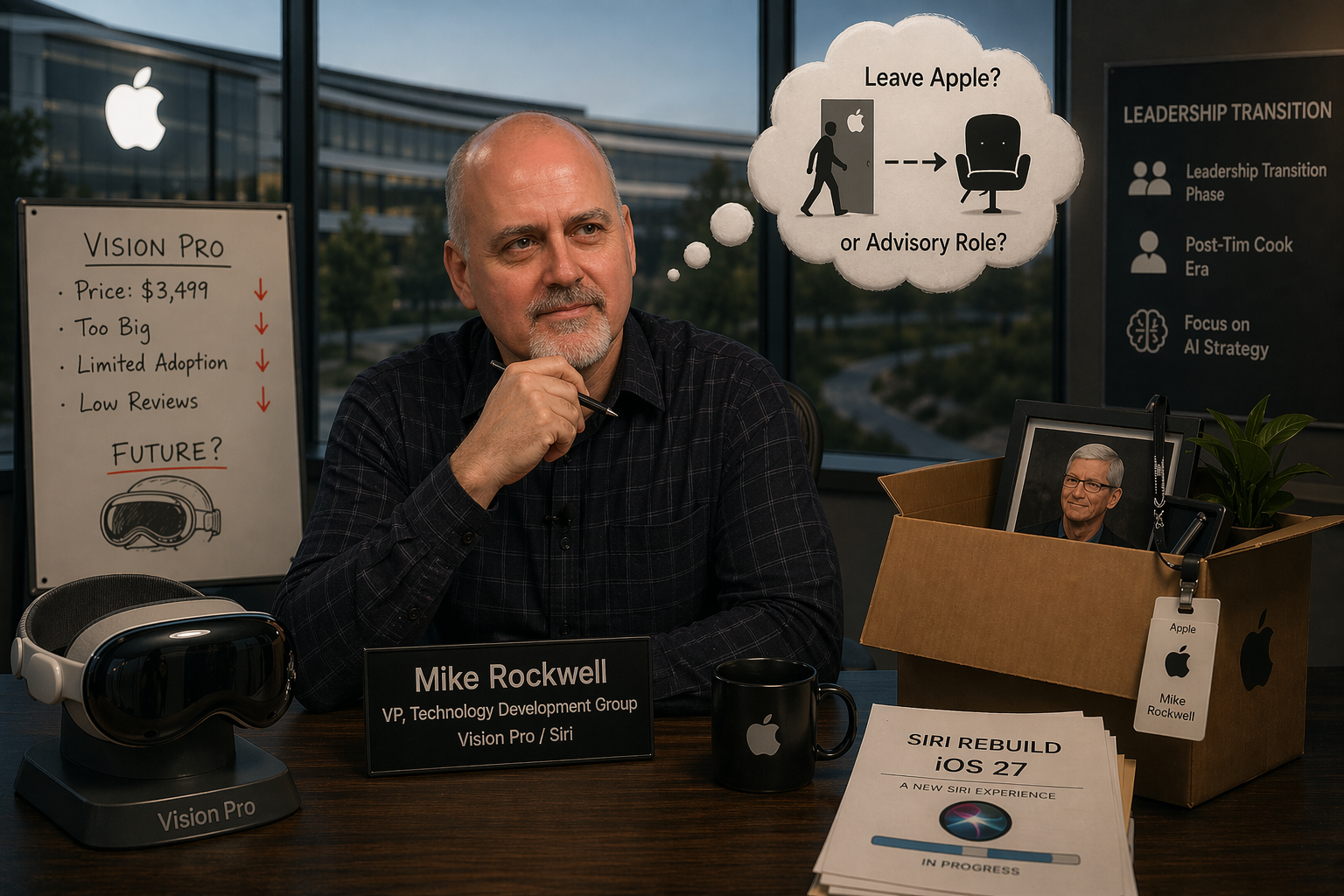من موقع فون إسلام: رجل يجلس على مكتب مع معدات Vision Pro، ولوحة اسم مكتوب عليها "مايك روكويل"، وفقاعة فكرية يتأمل مستقبله في Apple أو كمستشار, كما لو أنه جزء من هذا ملخص إخباري من أخبار التقنية لهذا الأسبوع.