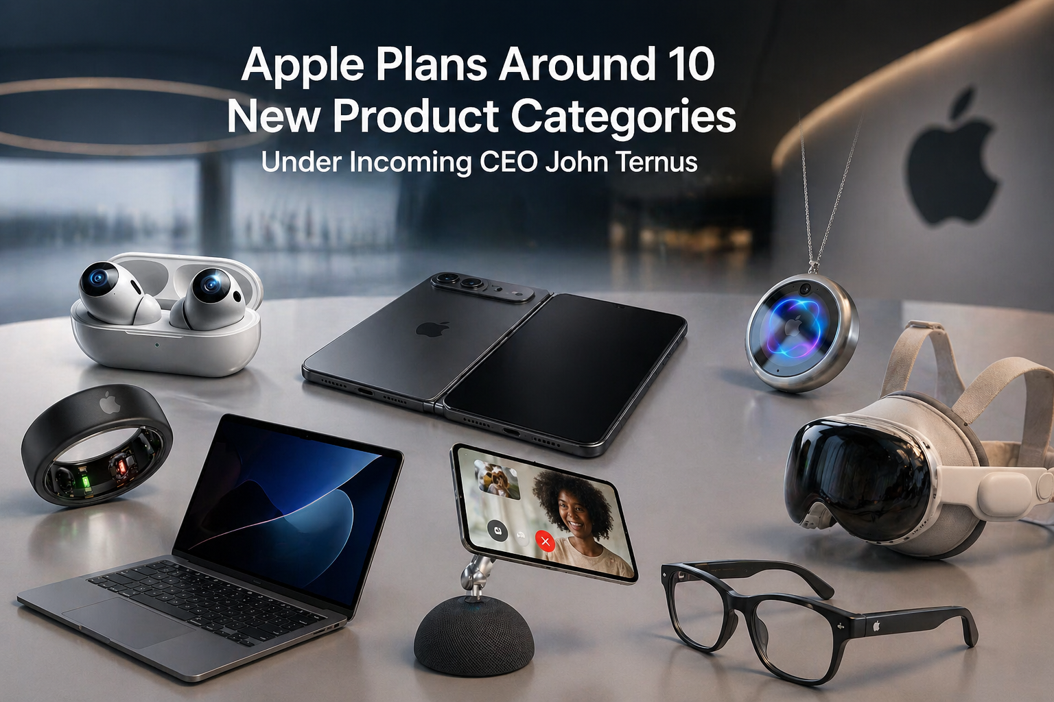 من موقع فون إسلام: يتم عرض مجموعة متنوعة من منتجات آبل الجديدة، بما في ذلك الهواتف القابلة للطي ونظارات الواقع المعزز والكمبيوتر المحمول والتقنيات القابلة للارتداء على طاولة مكتوب عليها "Apple تخطط لحوالي 10 فئات منتجات جديدة".