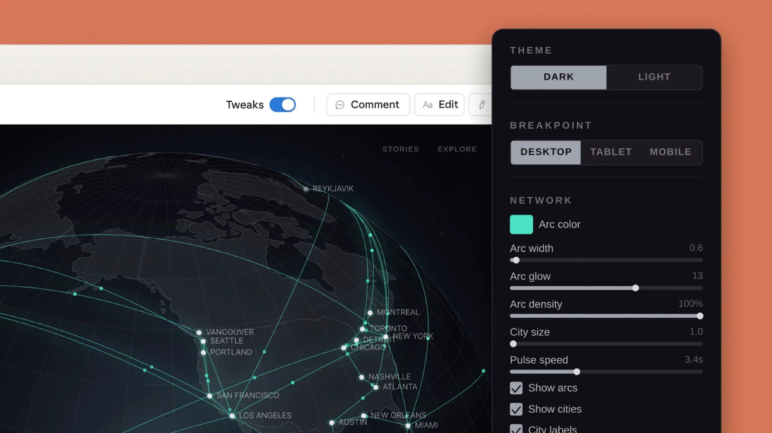 من موقع فون إسلام: تعرض واجهة كمبيوتر Claude Design خريطة العالم ثلاثية الأبعاد مع أقواس متوهجة ولوحة إعدادات تعرض خيارات تخصيص السمة ونقطة التوقف والشبكة.
