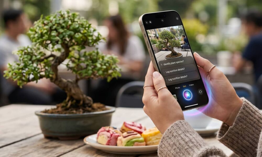من موقع فون إسلام: شخص يستخدم هاتفًا ذكيًا يعمل بنظام iOS 27 لاستشارة مساعد ذكاء اصطناعي للتعرف على شجرة بونساي على طاولة، مع وجود معجنات وأشخاص غير واضحين في الخلفية.