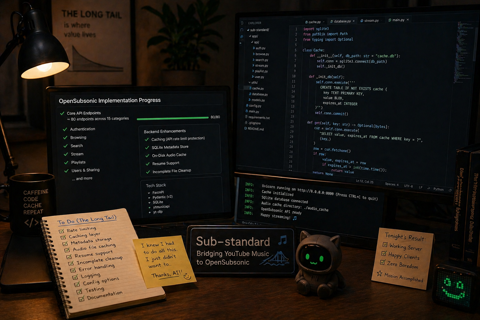 من موقع فون إسلام: مساحة عمل مزودة بشاشتين تعرضان كود البرمجة ولوحة معلومات عن تقدم المشروع تركز على البرمجة بالذكاء الاصطناعي وتحيط بها ملاحظات وتمثال روبوت صغير ومصباح ونبات.