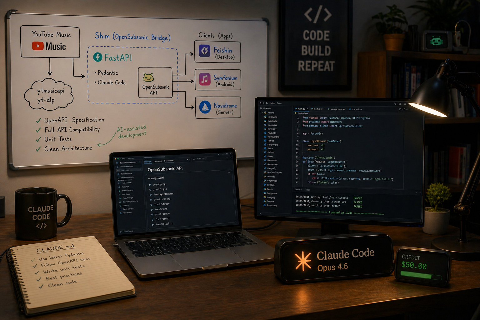 من موقع فون إسلام: مساحة عمل مزودة بشاشتين تعرضان التعليمات البرمجية وجهاز كمبيوتر محمول ودفتر ملاحظات وكوب وكوب وبطاقة ائتمان ومخطط على السبورة البيضاء حول FastAPI و OpenSubsonic - مثالية لجلسات البرمجة بالذكاء الاصطناعي.