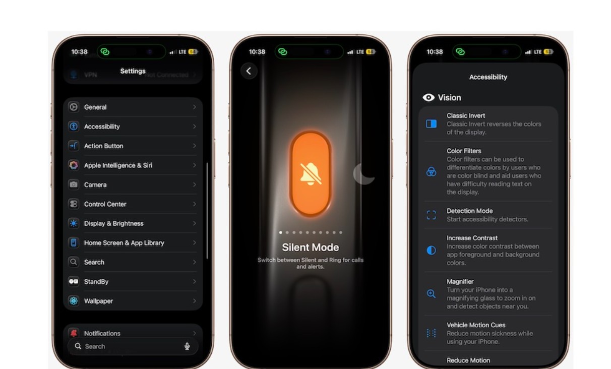 من موقع فون إسلام: ثلاث شاشات للآيفون تكشف عن أسرار الآيفون: الإعدادات العامة، وتفعيل الوضع الصامت، وخيارات رؤية إمكانية الوصول، وكلها قوائم أساسية لتخصيص تجربة جهازك.