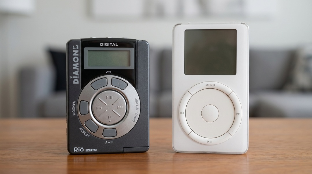 من موقع فون إسلام: يوجد مشغل Rio MP3 أسود اللون وجهاز آبل آيبود أبيض اللون من الجيل الأول من iPod جنباً إلى جنب على طاولة خشبية ذات خلفية ضبابية.