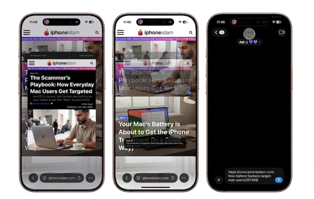 من موقع فون إسلام: تعرض ثلاثة أجهزة آيفون مقالاً على موقع آيفون إسلامي حول أمان وبطارية جهاز آيفون مع شاشة iMessage تعرض رابطًا للمقال - مع إظهار بعض أسرار الآي فون المتعلقة بالأمان والبطارية.