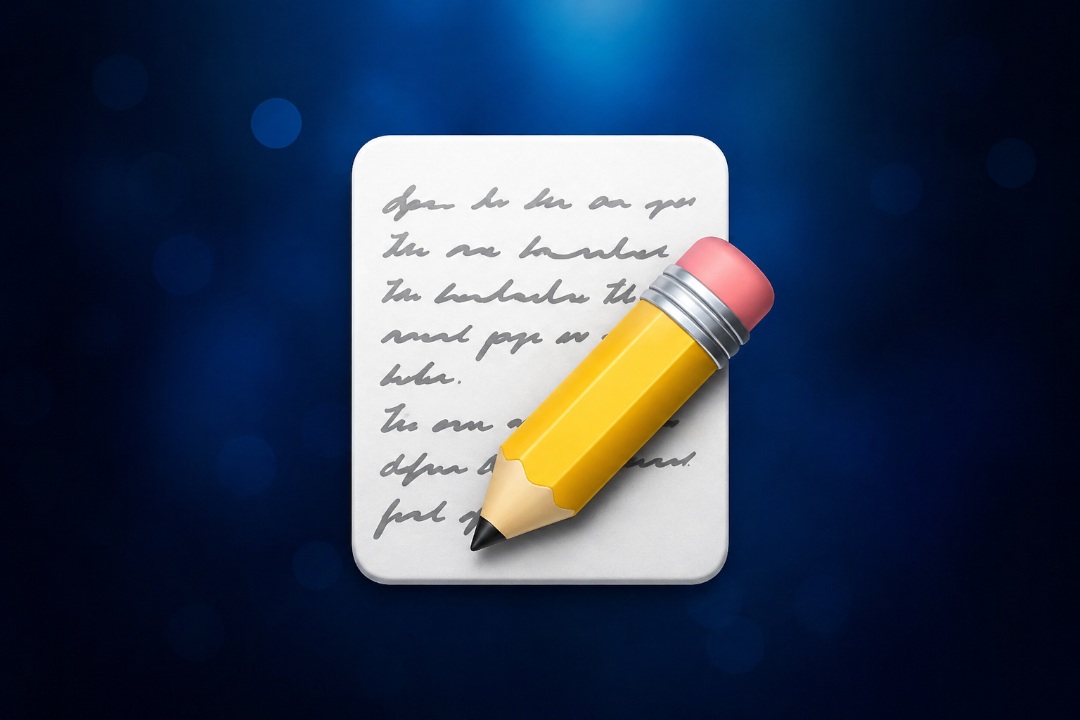 من موقع فون إسلام: توجد مفكرة مكتوب عليها بخط متصل على خلفية زرقاء، مع قلم رصاص أصفر كبير موضوع بشكل مائل على الورقة، مما يستحضر مظهر إيموجي-آي-فون.