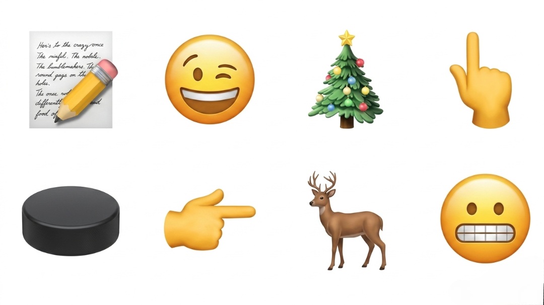 من موقع فون إسلام: صورة مجمعة من إيموجي الآيوني: قلم رصاص وورقة ووجه يغمز ووجه يغمز وشجرة عيد الميلاد وإصبع وسطى مرفوعة وقلم هوكي ويد تشير إلى يد وغزال ووجه مكشر مرتبة في صفين.