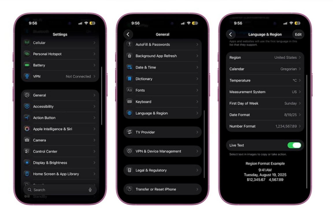 من موقع فون إسلام: تعرض ثلاث شاشات للهاتف الذكي قوائم إعدادات iOS لخيارات الهاتف الخلوي والعام واللغة والمنطقة في الوضع المظلم، حيث تكشف كل منها عن تفاصيل التكوين المختلفة.