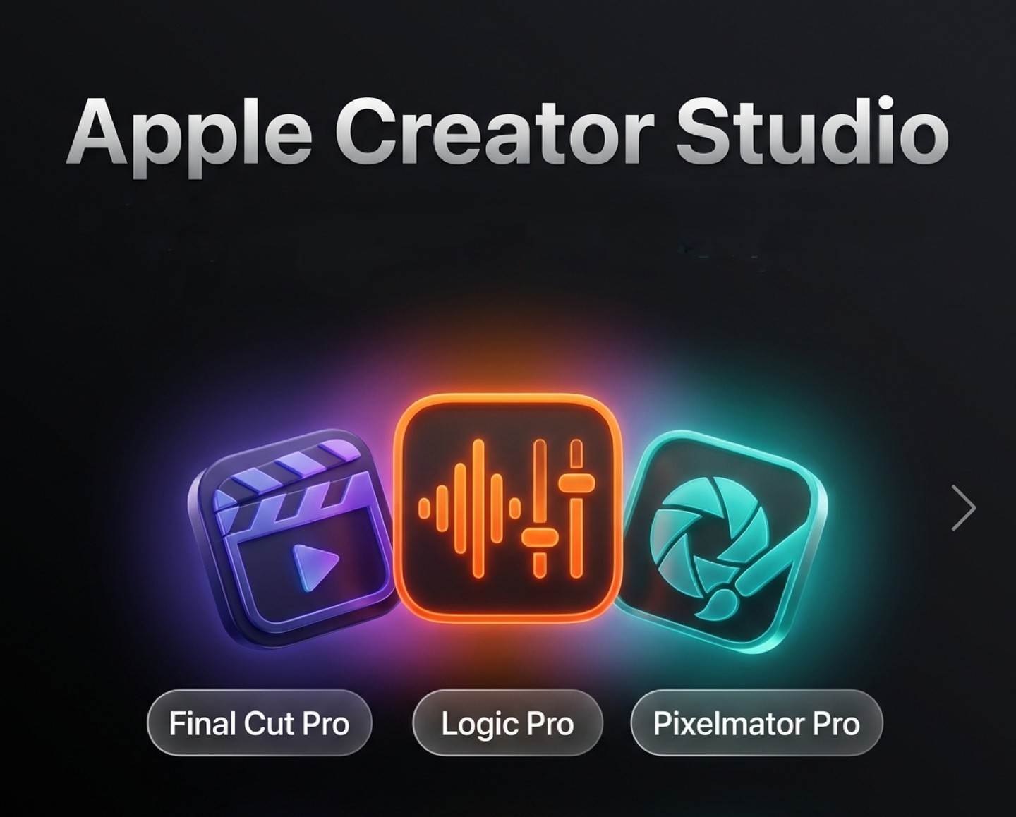 From Phonegram: Three colorful icons representing Final Cut Pro, Logic Pro, and Pixelmator Pro—Apple's office apps for Mac—under the title "Apple Creator Studio" on a dark background.