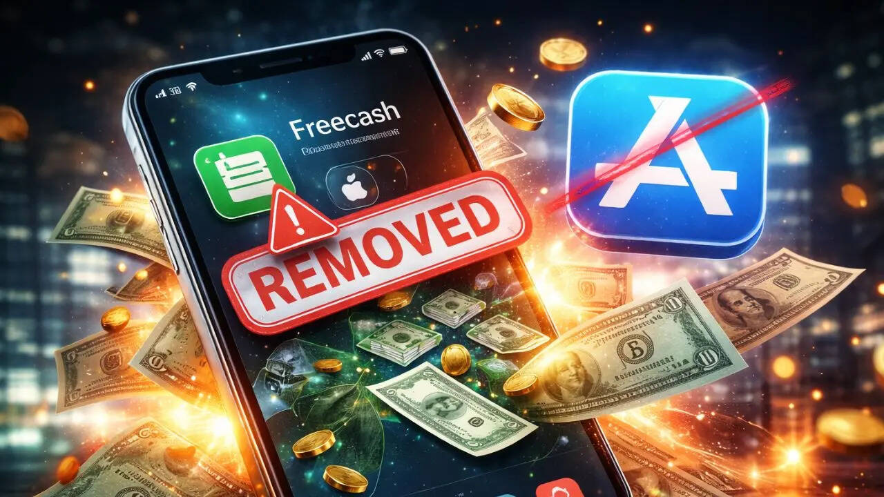 من موقع فون إسلام: هاتف ذكي يعرض تطبيقاً للمكافآت النقدية مع تحذير "تم إزالته" وأيقونة متجر تطبيقات Apple App Store مشطوبة، محاطاً بأموال وعملات معدنية عائمة.